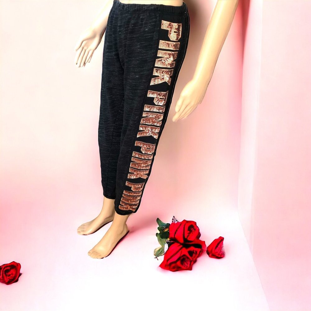 VICTORIA SECRET PINK Bling Rose Gold Sequins Black Marled Pants Size S  NWOT